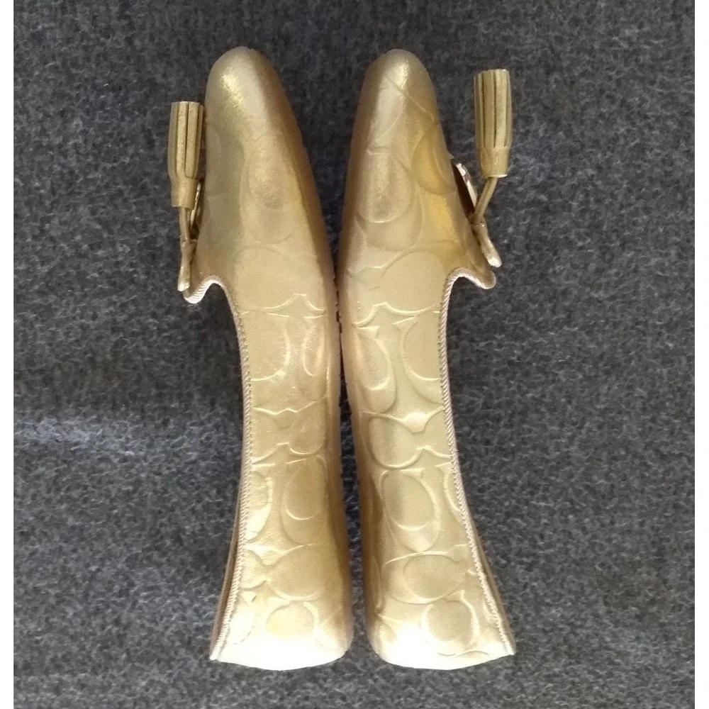 Coach Ballet Flats Womens 8 Dahlila Gold Embossed Signature C Logo Shoes NEW